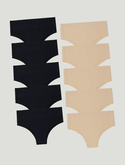 Kit com 10 Calcinhas Biquíni Redutora Sem Costura Segunda Pele (5 Preto e 5 Bege)