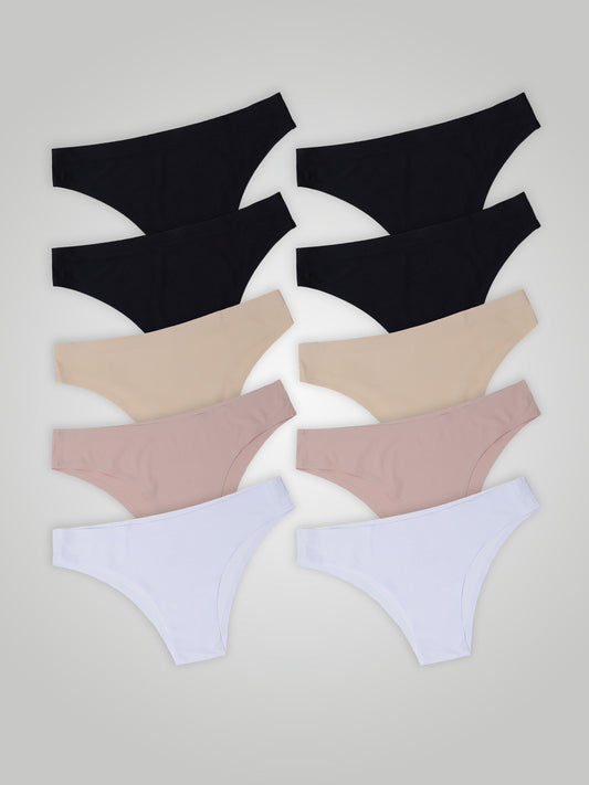 Kit com 10 Calcinhas Biquíni Sem Costura Segunda Pele (4 Preto, 2 Bege, 2 Rose e 2 Branco) - R$18,99 cada