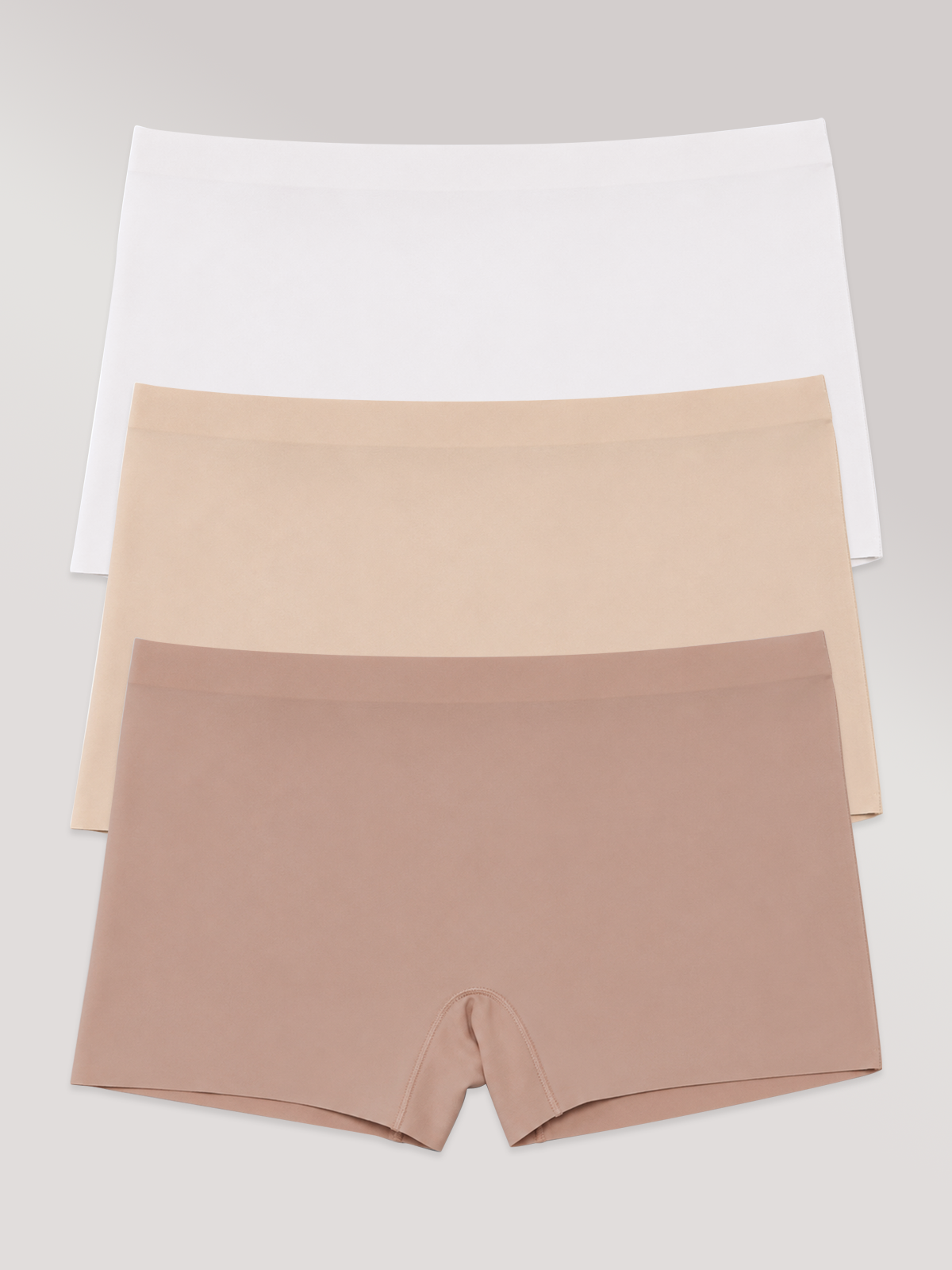 Kit com 3 Calcinhas Boxer Boyshort Sem Costura Premium (1 Branco, 1 Bege e 1 Marrom Cacau)