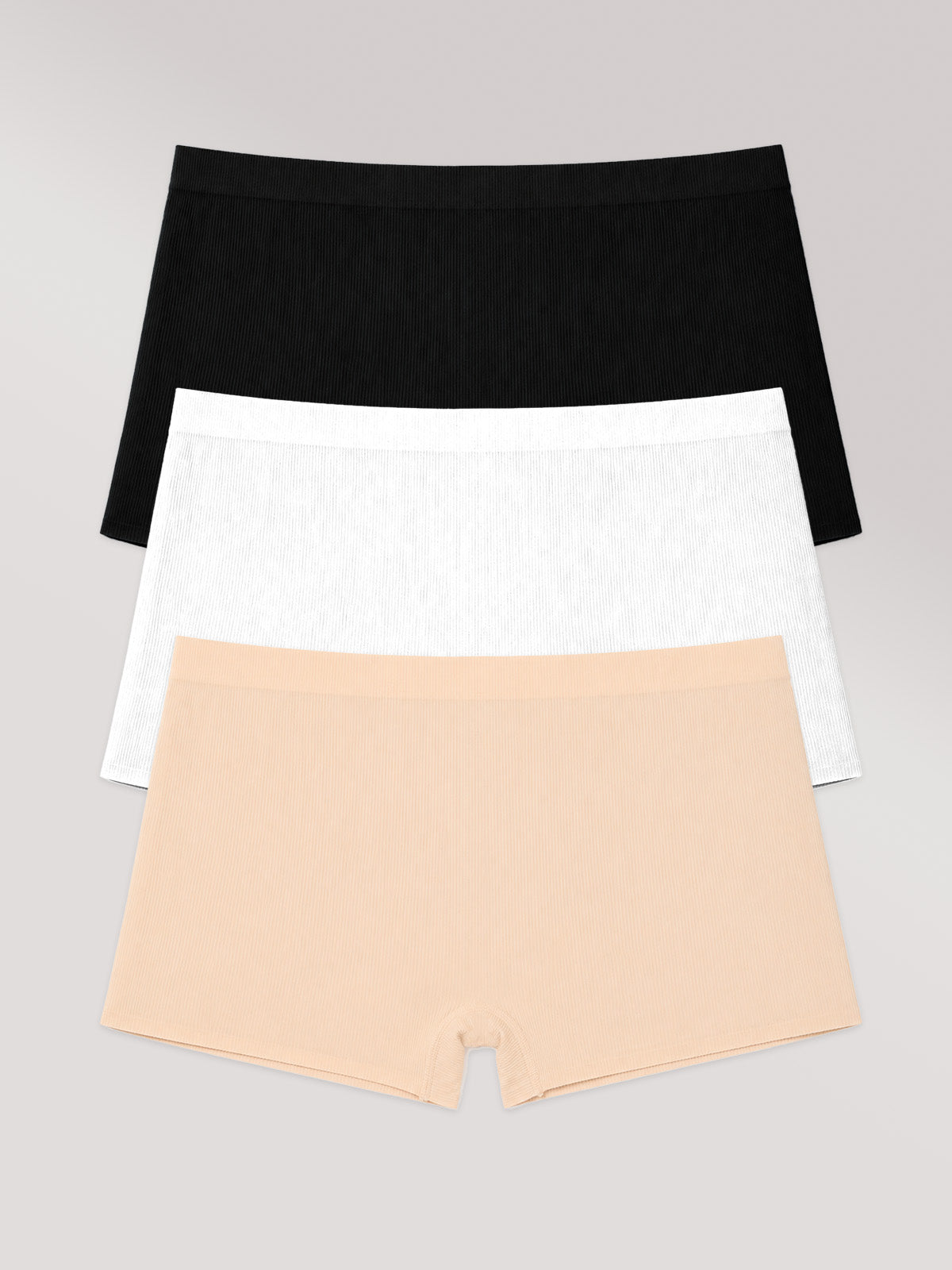 Kit com 3 Calcinhas Boyshort Boxer Poliamida Canelada Sem Costura Segunda Pele (1 Preto, 1 Branco e 1 Bege)