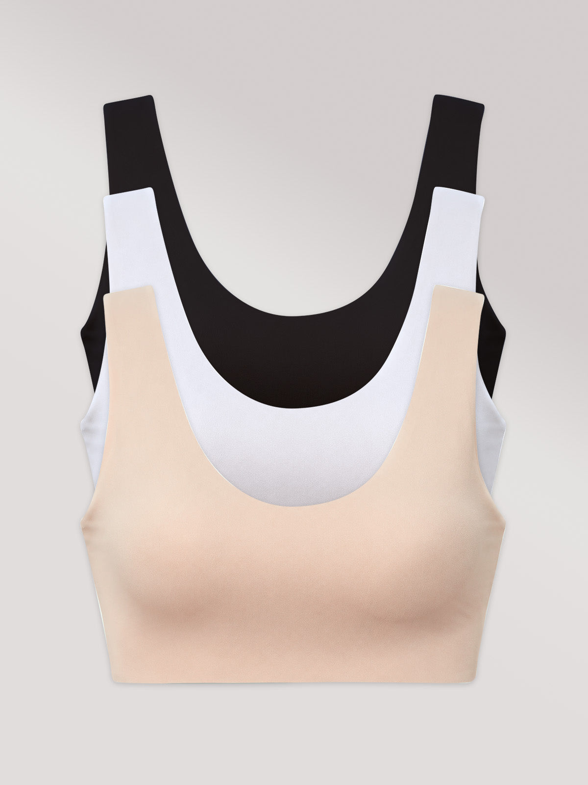 Kit com 3 Sutiãs Regata Básico Alças Largas Sem Costura (1 Preto, 1 Branco e 1 Bege)