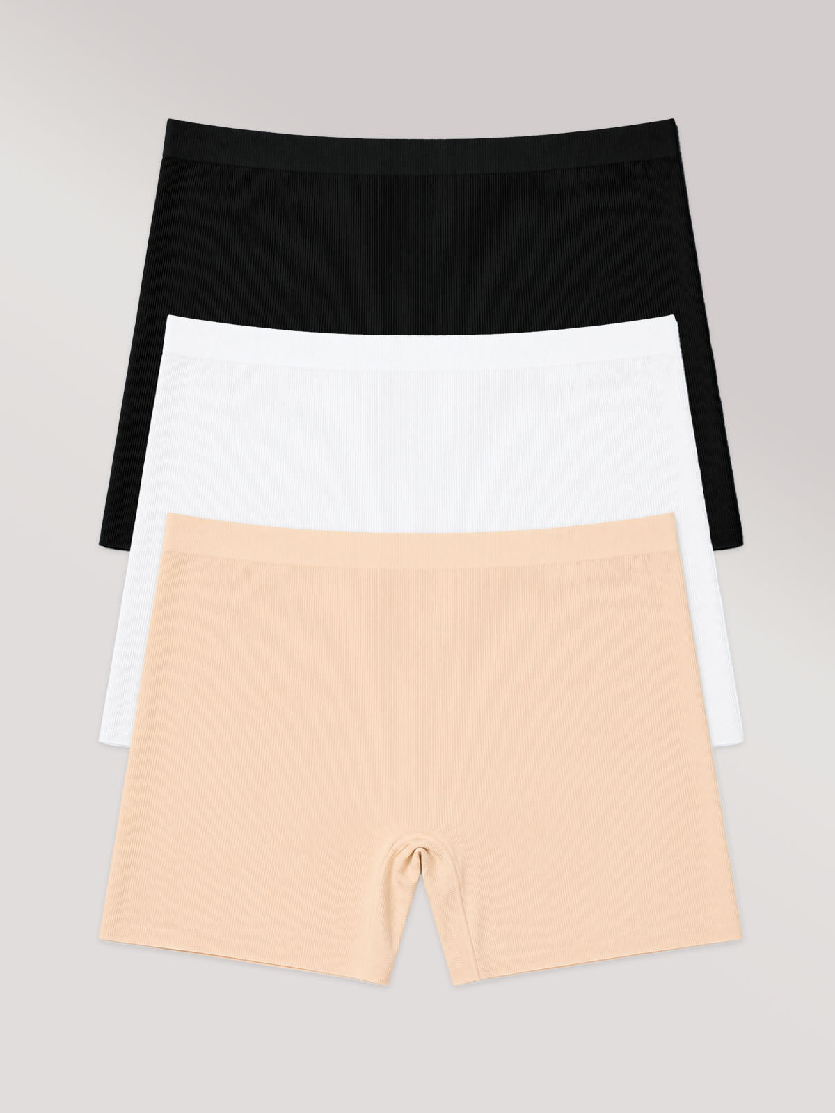 Kit com 3 Calcinhas Shorts Poliamida Canelada Sem Costura Segunda Pele (1 Preto, 1 Branco e 1 Bege)
