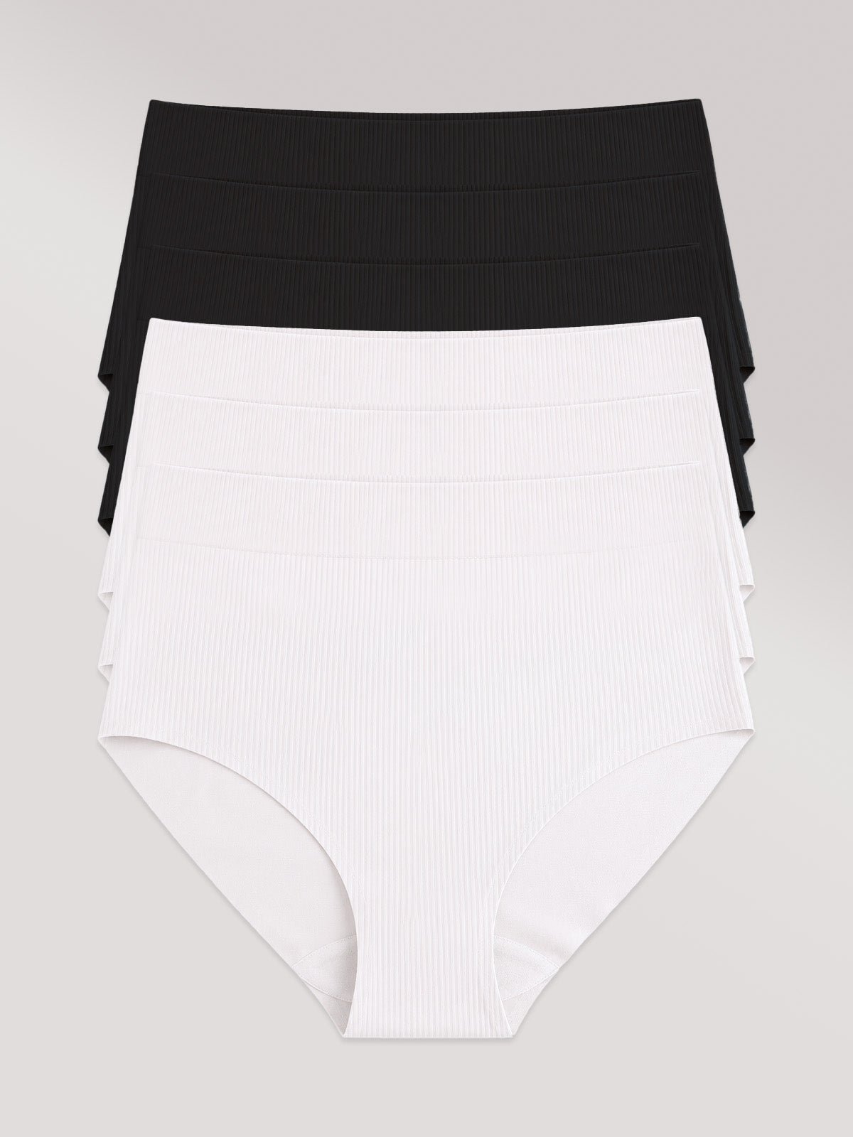 Kit com 6 Calcinhas Biquini Cintura Alta Poliamida Canelada Sem Costura Segunda Pele (3 Preto e 3 Branco)