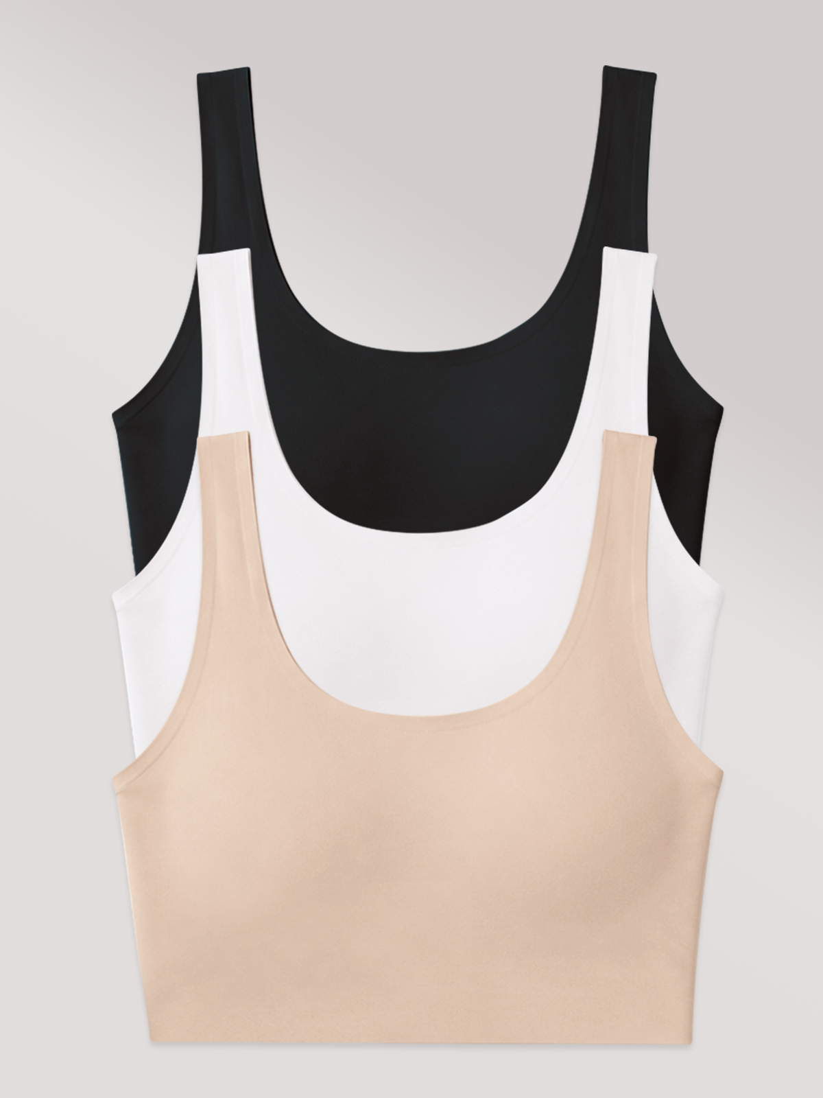 Kit com 3 Sutiãs Regata Invisível Sem Costura com Bojo Removível (1 Preto, 1 Branco e 1 Bege)