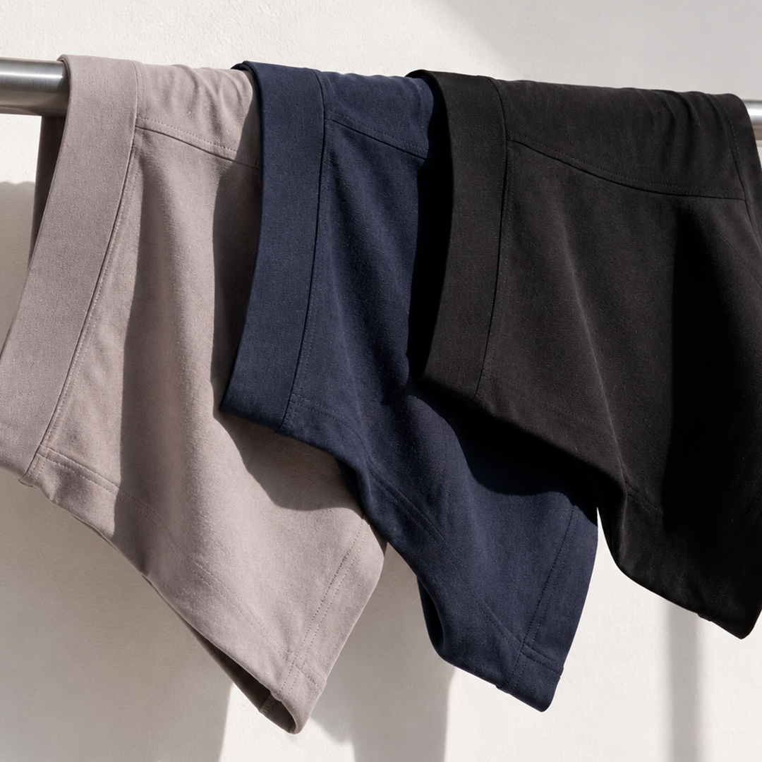 Pilha de camisetas masculinas organizadas na gaveta, kit de camisetas em preto, azul marinho e cinza mescla