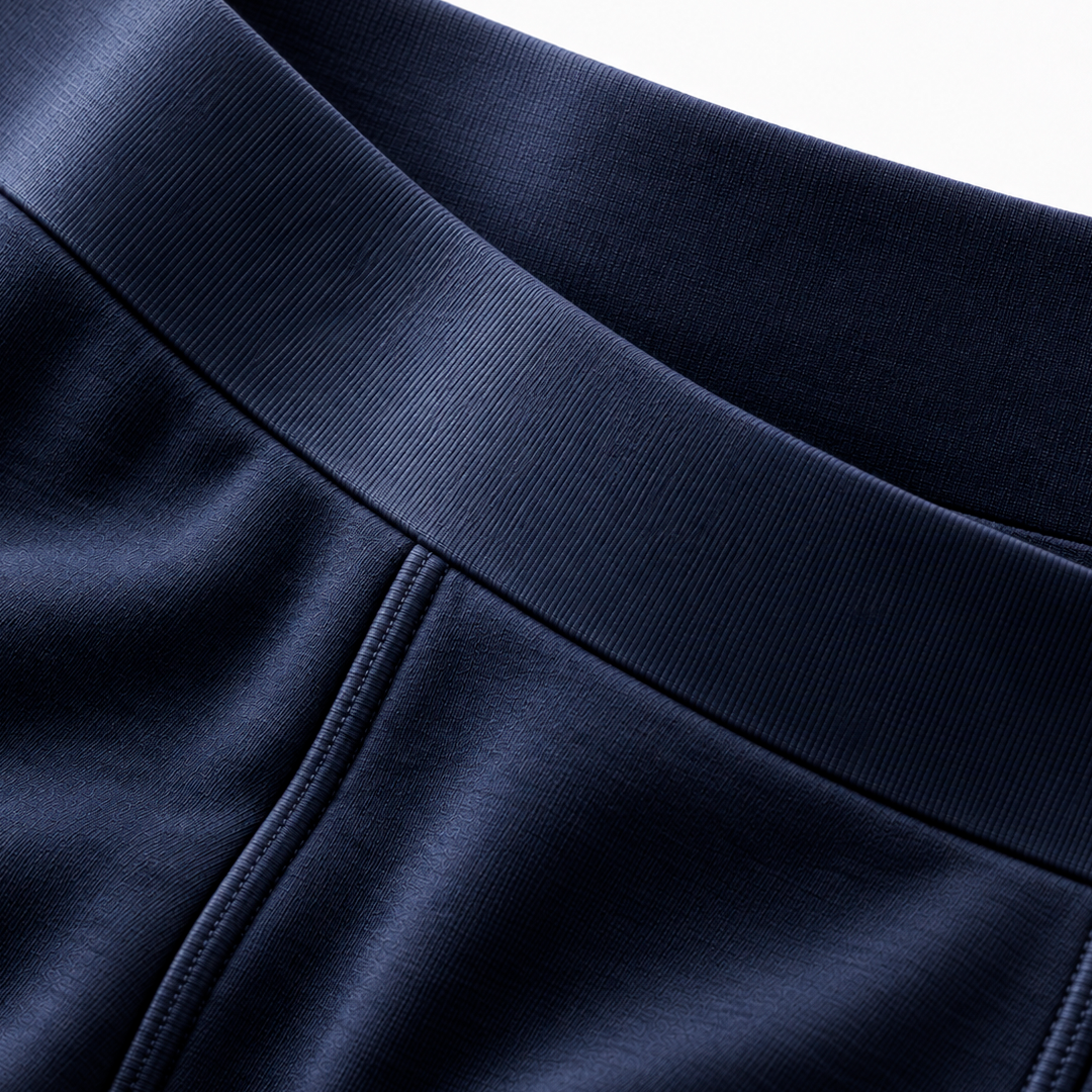 Cuecas boxer de algodão premium dobradas em pilha nas cores preto, azul marinho e cinza mescla
