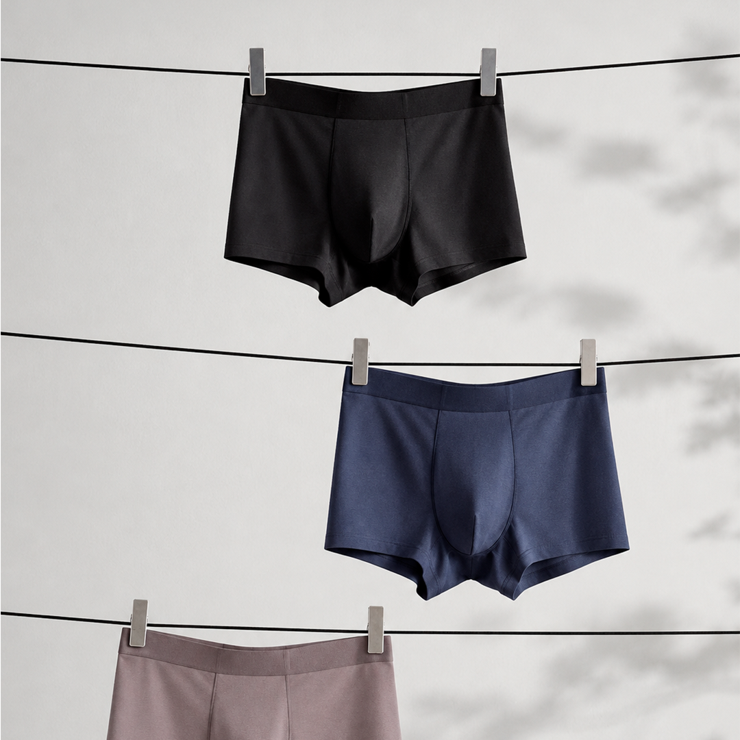 Cuecas boxer de algodão no varal, em clima de lavanderia