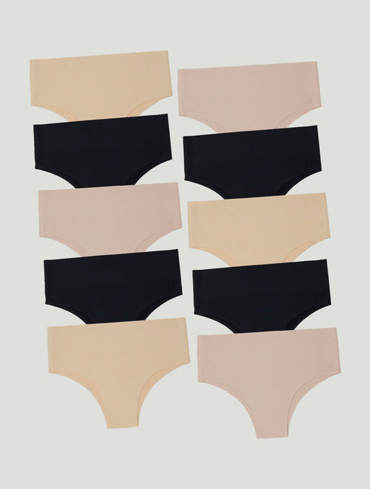 Kit com 10 Calcinhas Biquíni Redutora Sem Costura Segunda Pele (4 Preto, 3 Bege e 3 Rose)