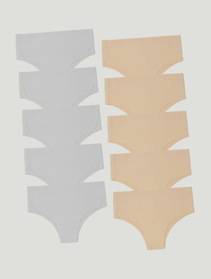 Kit com 10 Calcinhas Biquíni Redutora Sem Costura Segunda Pele (5 Bege e 5 Branco)