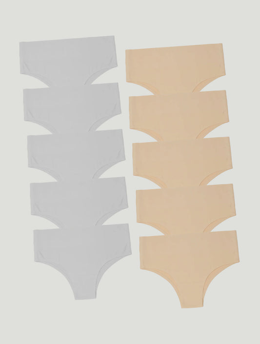 Kit com 10 Calcinhas Biquíni Redutora Sem Costura Segunda Pele (5 Bege e 5 Branco)