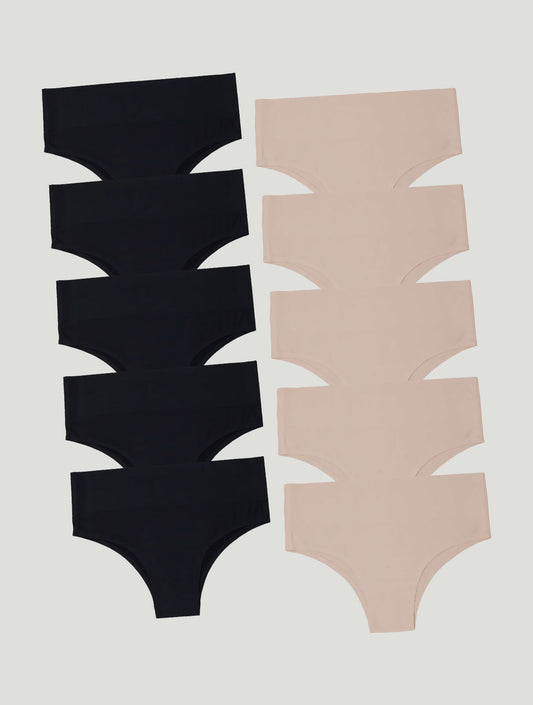 Kit com 10 Calcinhas Biquíni Redutora Sem Costura Segunda Pele (5 Preto e 5 Rose)