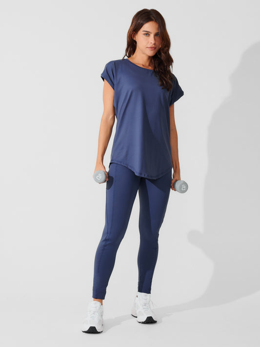 Conjunto Calça Legging de Compressão Azul Marinho + T-shirt Essencial Alongada Azul Marinho