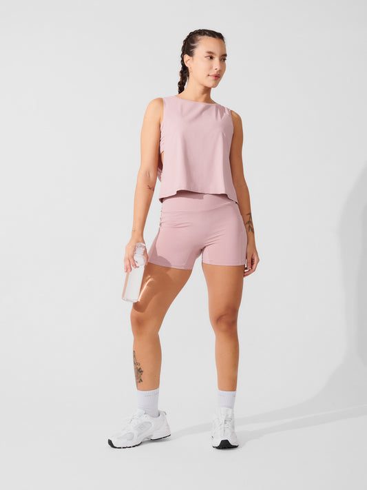 Conjunto Bermuda de Compressão Rose + Regata Cropped Leve com Cava Ampla Rose
