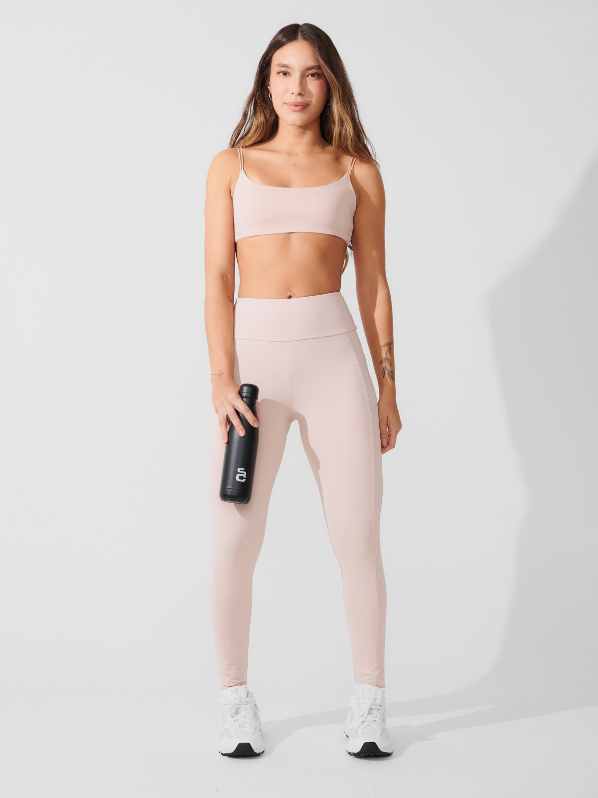 Conjunto Calça Legging de Compressão Bege + Top Alça Dupla Bege