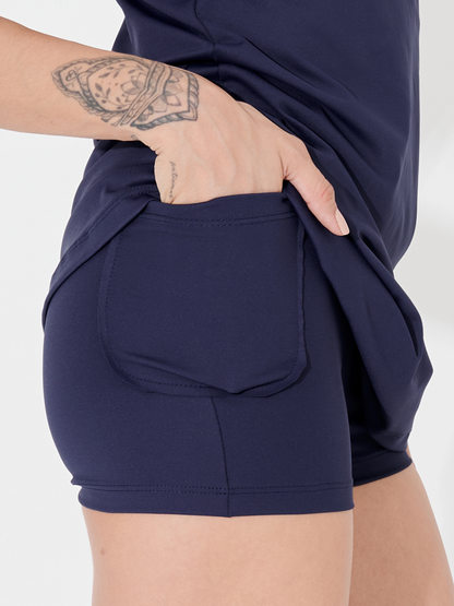 Vestido Fitness Drapeado com Shorts Azul Marinho