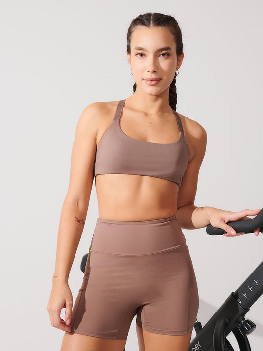 Conjunto Bermuda de Compressão Marrom Cacau + Top Fitness Média Compressão Marrom Cacau