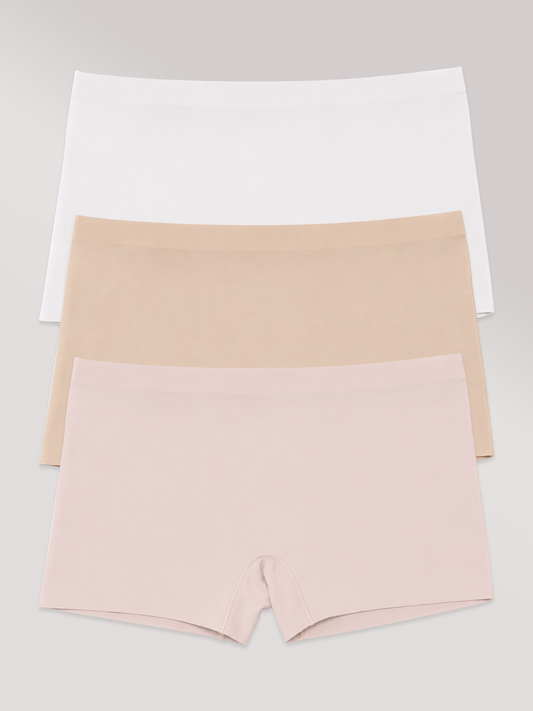 Kit com 3 Calcinhas Boxer Boyshort Sem Costura Premium (1 Branco, 1 Bege e 1 Rose)