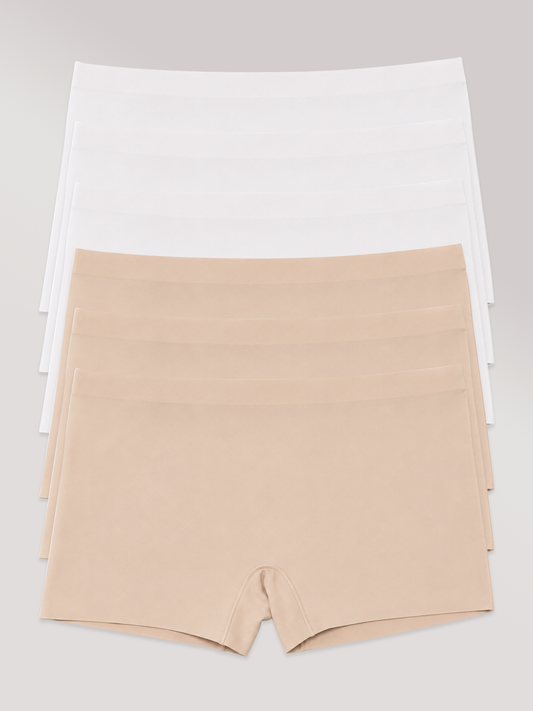Kit com 6 Calcinhas Boxer Boyshort Sem Costura Premium (3 Branco e 3 Bege)