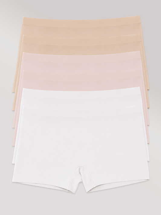 Kit com 6 Calcinhas Boxer Boyshort Sem Costura Premium (2 Bege, 2 Rose e 2 Branco)