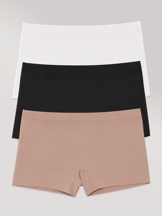 Kit com 3 Calcinhas Boxer Boyshort Sem Costura Premium (1 Branco, 1 Preto e 1 Marrom Cacau)