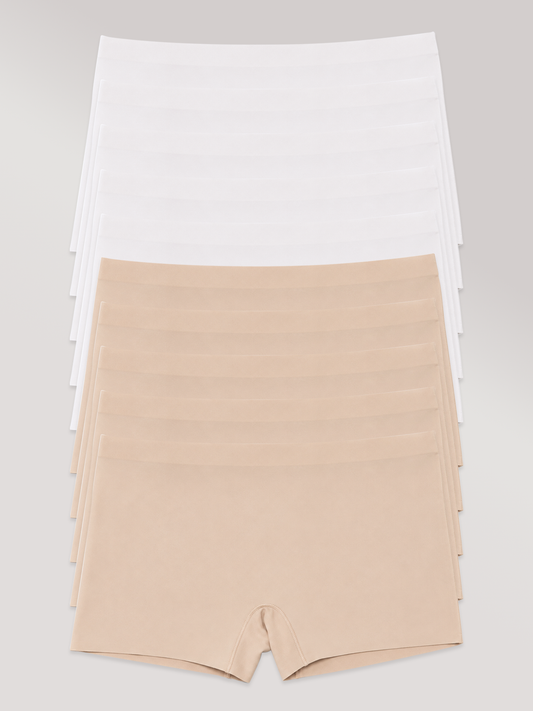 Kit com 10 Calcinhas Boxer Boyshort Sem Costura Premium (5 Branco e 5 Bege)
