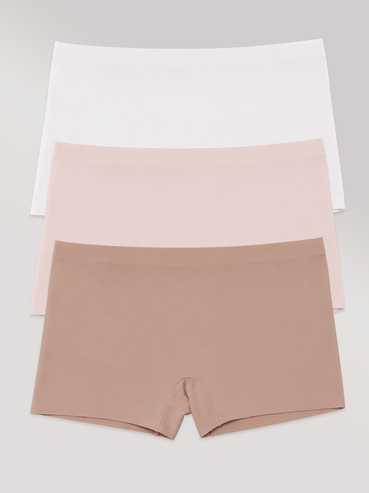 Kit com 3 Calcinhas Boxer Boyshort Sem Costura Premium (1 Branco, 1 Rose e 1 Marrom Cacau)