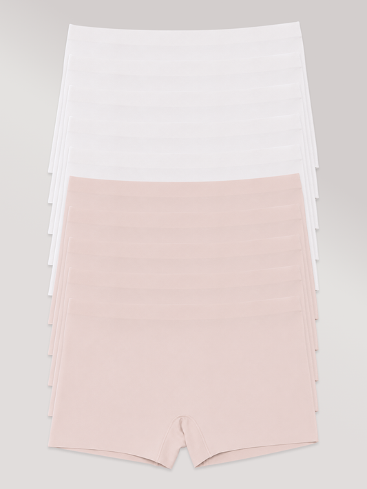 Kit com 10 Calcinhas Boxer Boyshort Sem Costura Premium (5 Branco e 5 Rose)