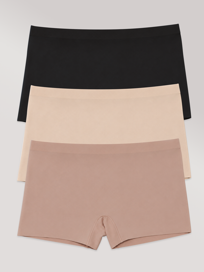 Kit com 3 Calcinhas Boxer Boyshort Sem Costura Premium (1 Preto, 1 Bege e 1 Marrom Cacau)
