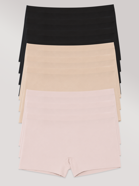 Kit com 10 Calcinhas Boxer Boyshort Sem Costura Segunda Pele (4 Preto, 3 Bege e 3 Rose) - R$41,99 cada