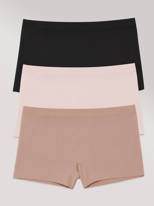 Kit com 3 Calcinhas Boxer Boyshort Sem Costura Premium (1 Preto, 1 Rose e 1 Marrom Cacau)