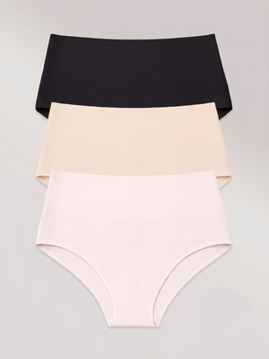 Kit com 3 Calcinhas Biquíni Cintura Alta Sem Costura Segunda Pele (1 Preto, 1 Bege e 1 Rose)