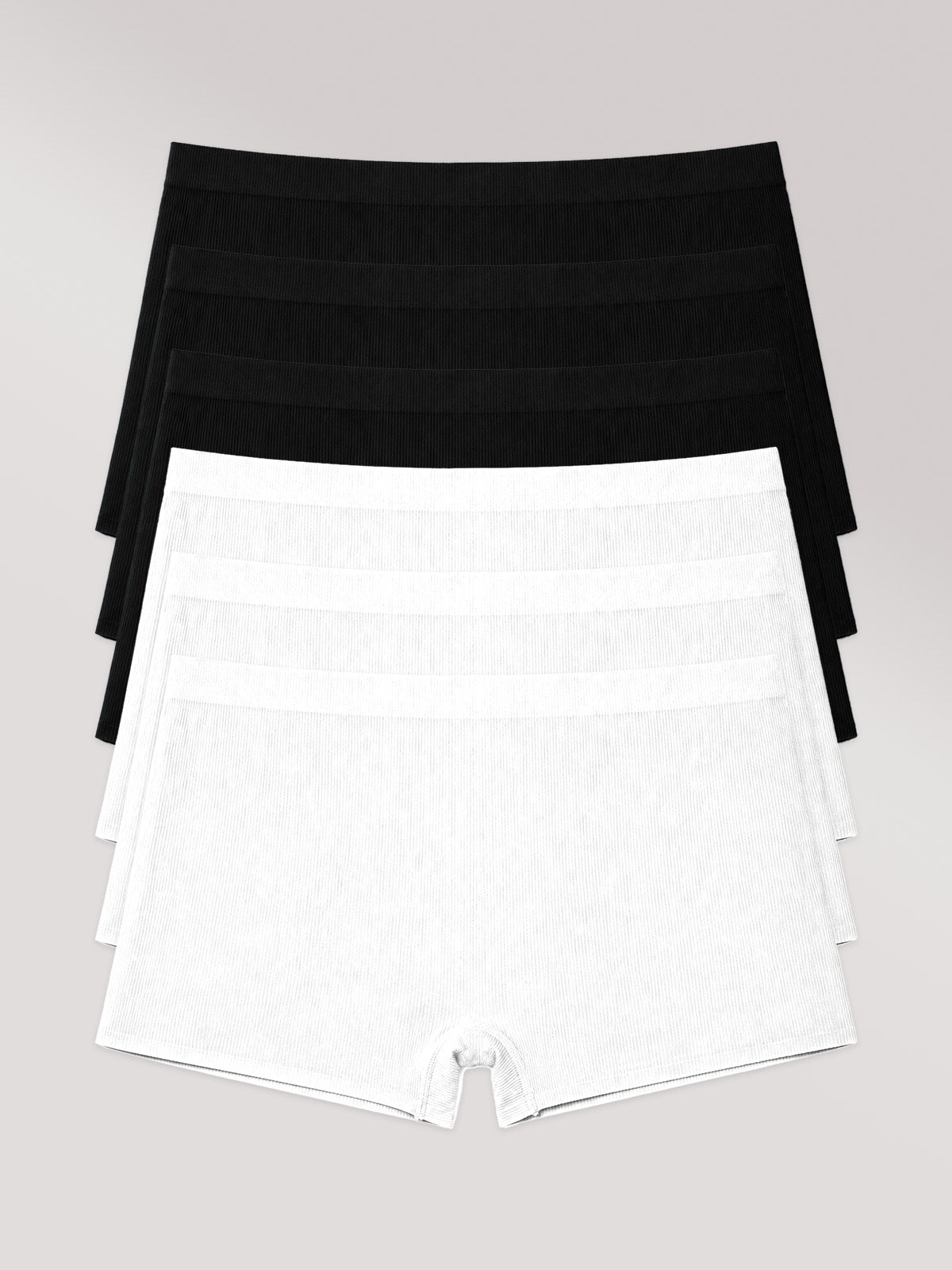 Kit com 6 Calcinhas Boyshort Boxer Poliamida Canelada Sem Costura Segunda Pele (3 Preto e 3 Branco)