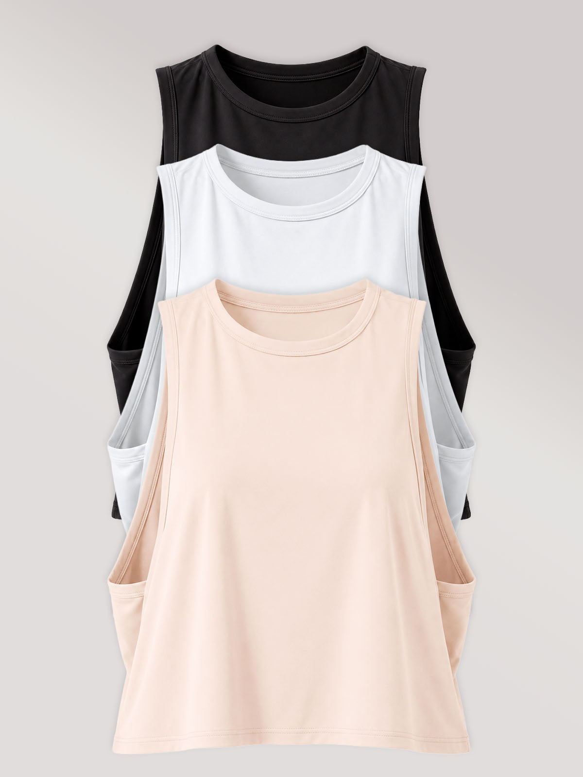Kit com 3 Regatas Cropped com Cava Ampla (1 Preto, 1 Branco e 1 Bege)