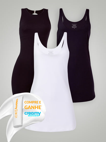 Kit Compre Vestido (Branco e Preto) + Macaquinho Preto com 10% OFF e Ganhe Protetor Solar Creamy FPS 60