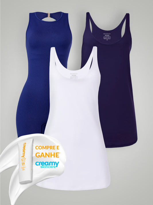 Kit Compre Vestido (Branco e Azul) + Macaquinho (Azul) com 10% OFF e Ganhe Protetor Solar Creamy FPS 60