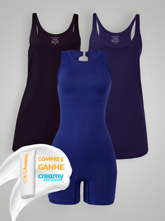 Kit Compre Macaquinho (Azul) + Vestido (Preto e Azul) com 10% OFF e Ganhe Protetor Solar Creamy FPS 60