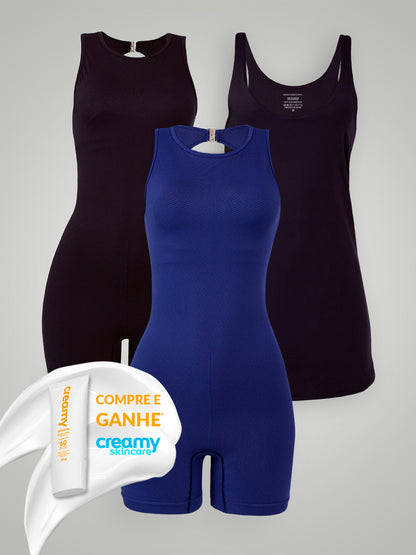 Kit Compre Macaquinho (Azul e Preto) + Vestido (Preto) com 10% OFF e Ganhe Protetor Solar Creamy FPS 60