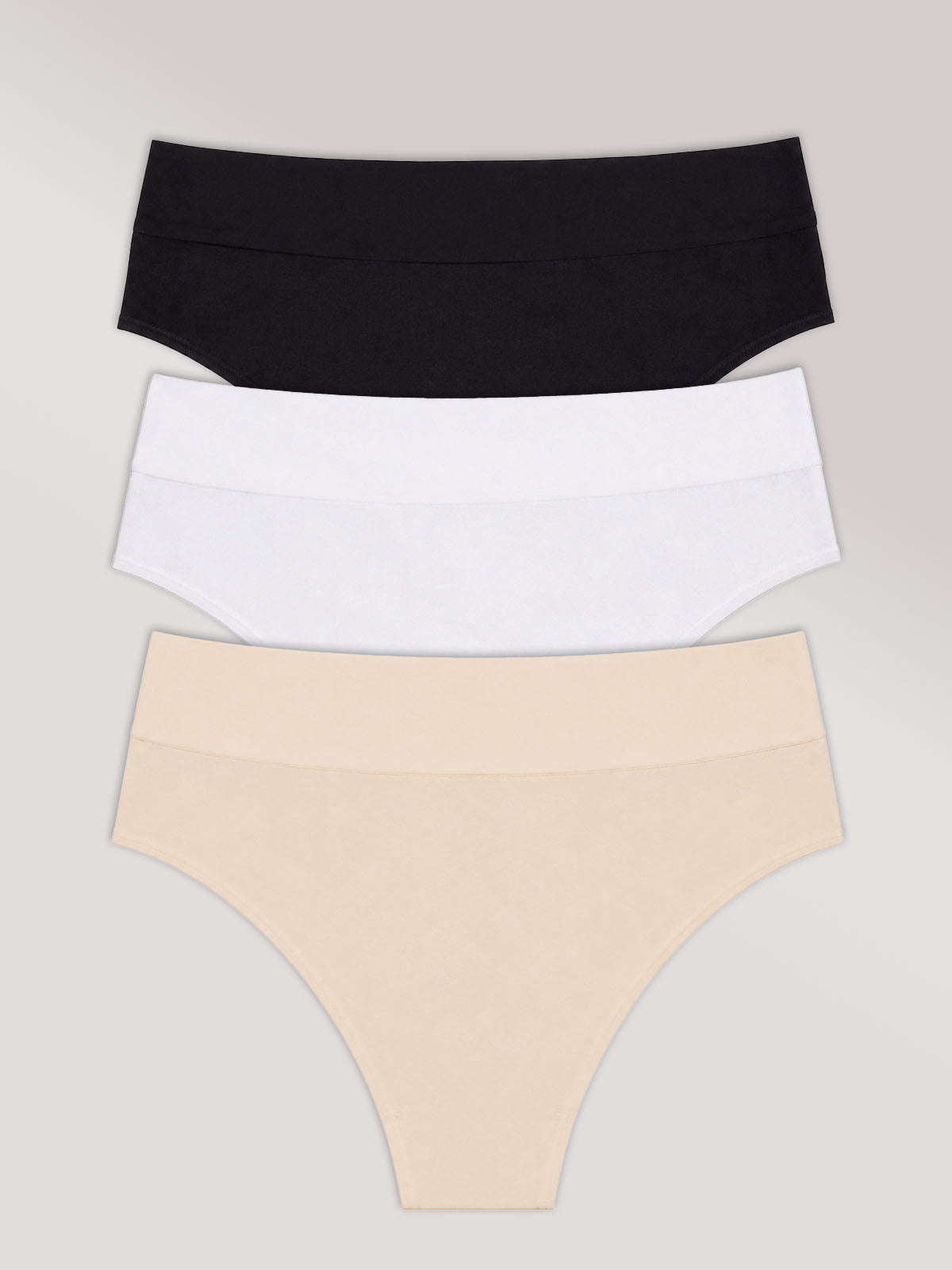 Kit com 3 Calcinhas Biquíni Cintura Alta Algodão Premium Sem Costura (1 Preto, 1 Branco e 1 Bege)