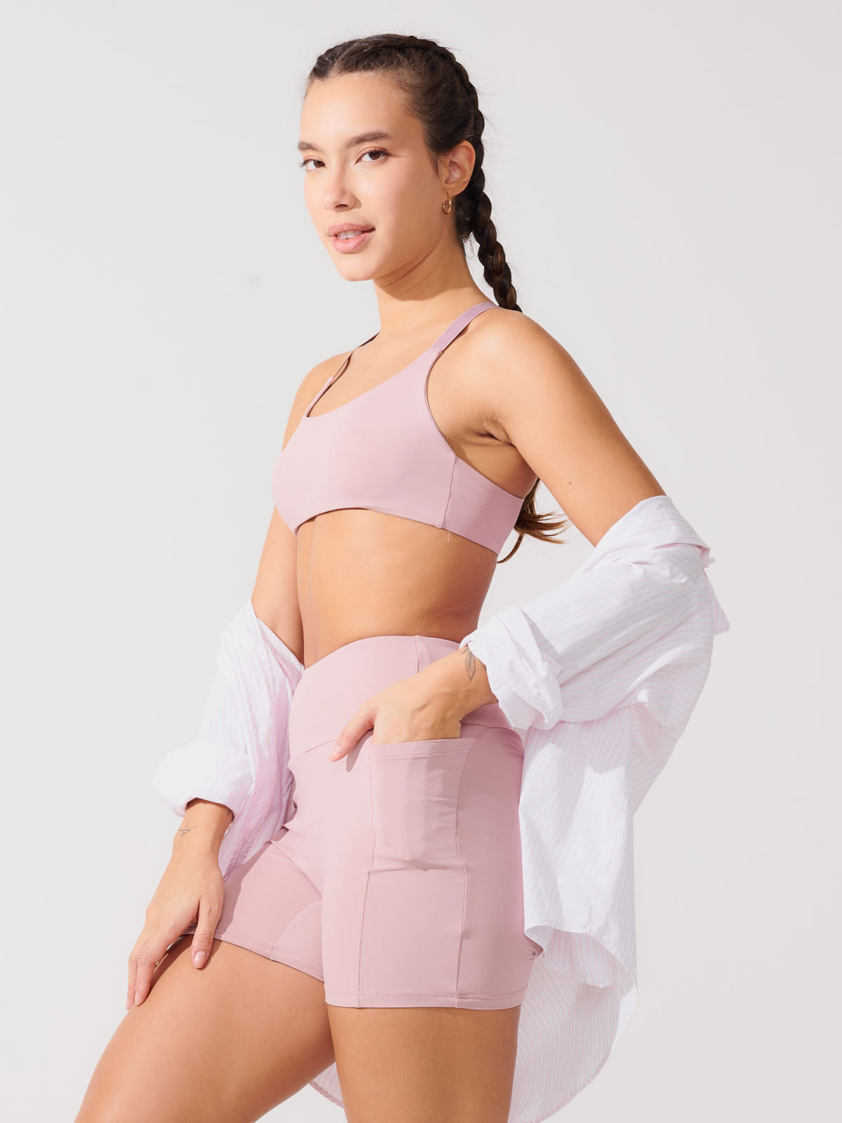 Conjunto Bermuda de Compressão Rose + Top Fitness Média Compressão Rose