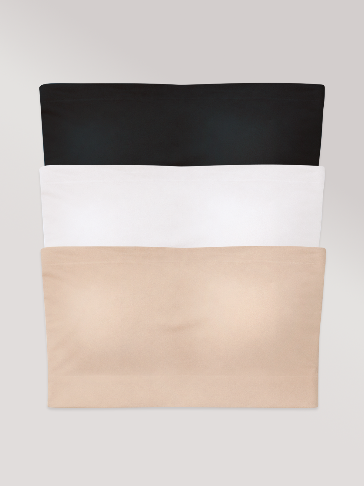 Kit com 3 Tops Faixa Sem Costura com Bojo Removível (1 Preto, 1 Branco e 1 Bege)