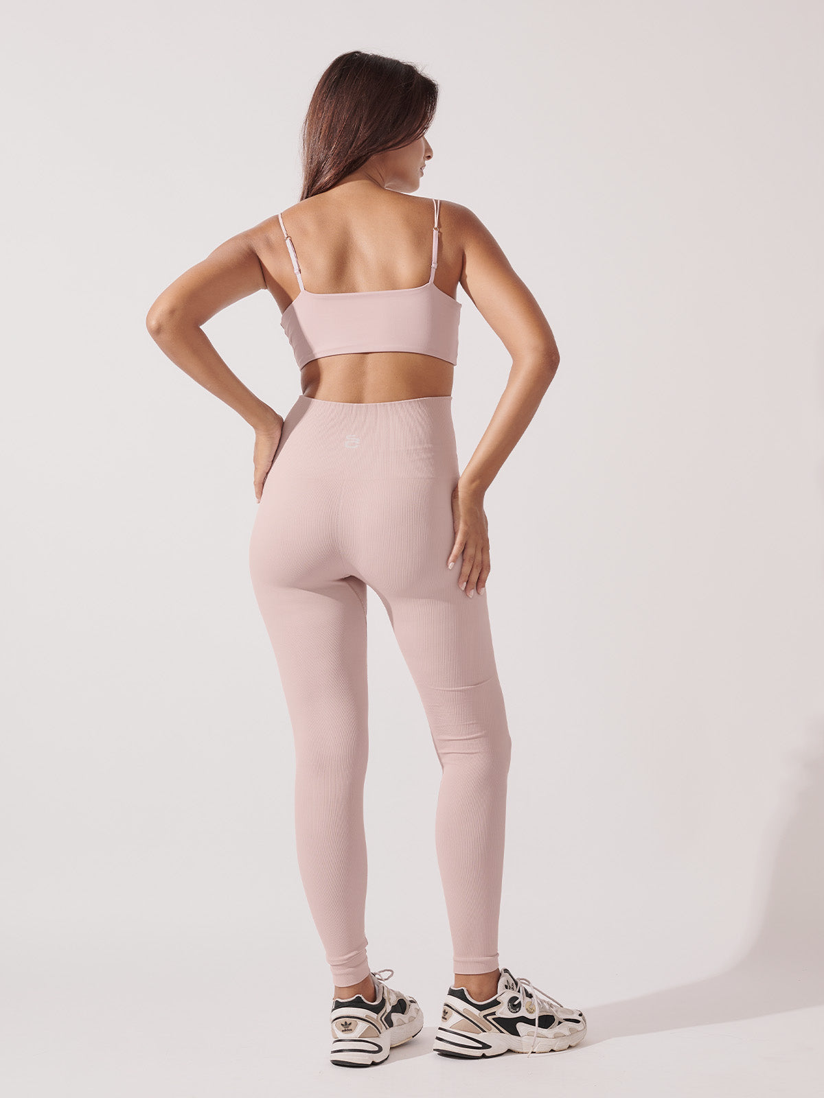 Conjunto Top Alça Dupla + Legging Cintura Alta Canelado Rose