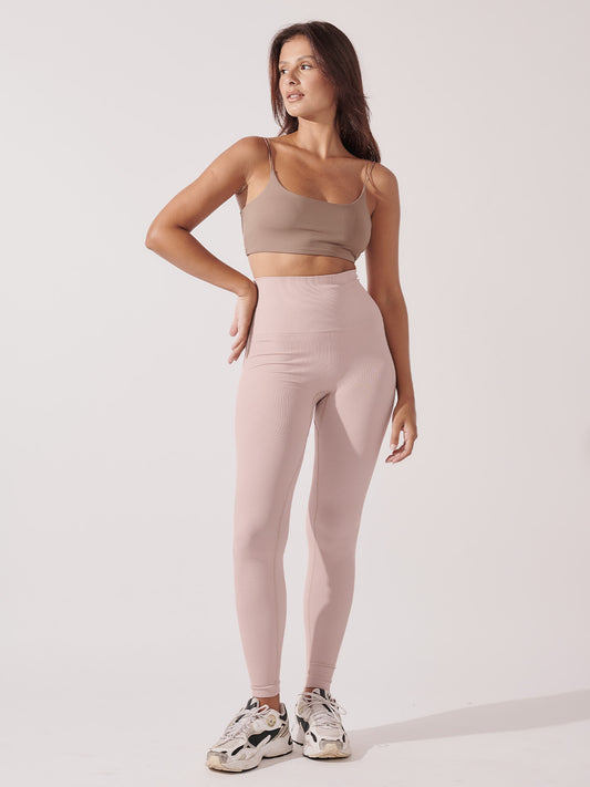 Conjunto Top Alça Dupla Marrom Cacau + Legging Cintura Alta Canelado Rose