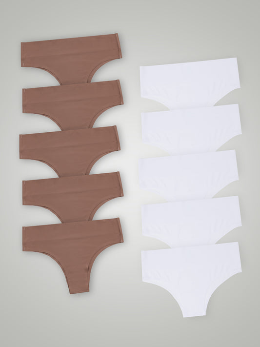 Kit com 10 Calcinhas Biquíni Cintura Alta Sem Costura Segunda Pele (5 Marrom Cacau e 5 Branco) - R$24,99 cada