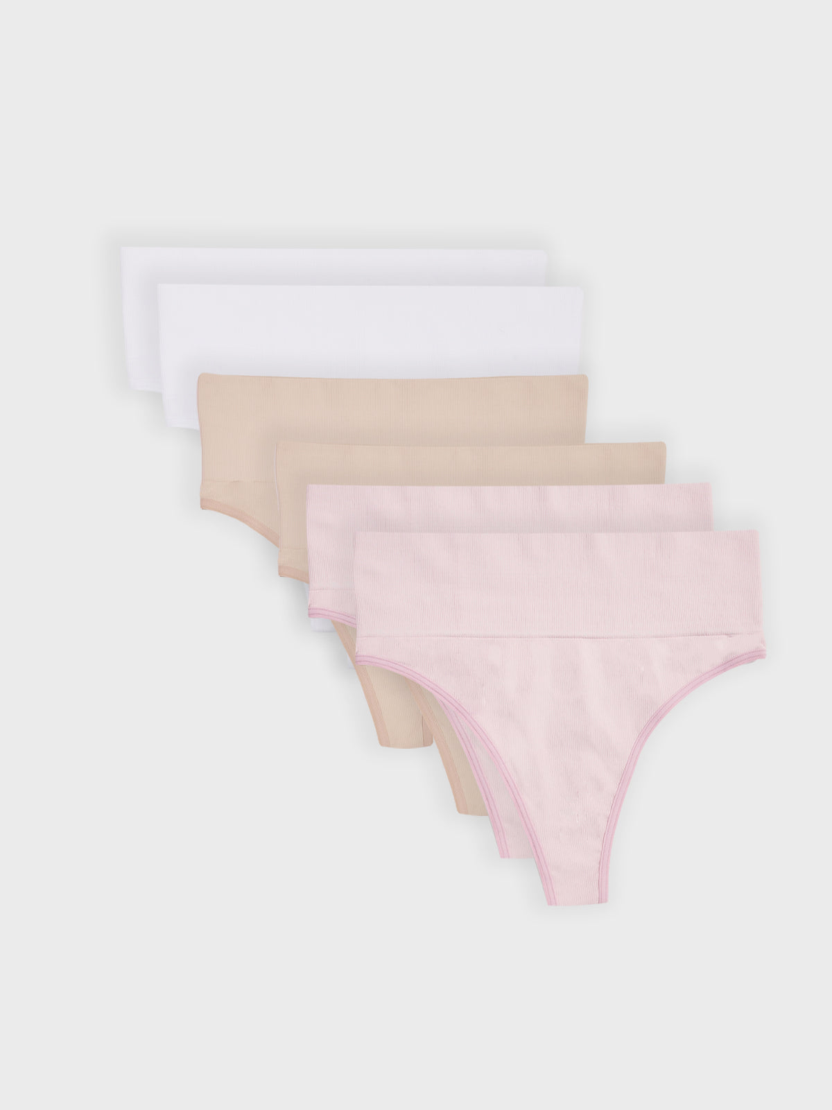 Kit com 6 Calcinhas Fio Dental Redutora Canelado Sem Costura Premium (2 Beges, 2 Roses e 2 Brancos)