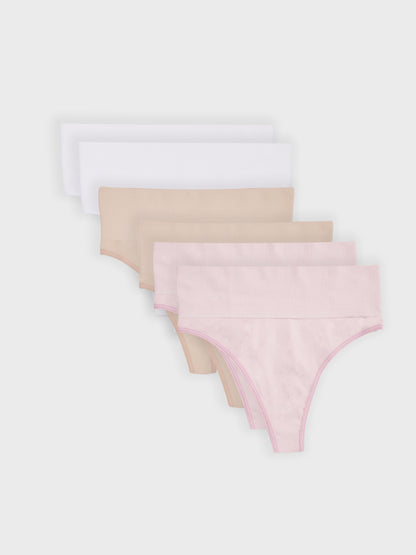 Kit com 6 Calcinhas Fio Dental Redutora Canelado Sem Costura Premium (2 Beges, 2 Roses e 2 Brancos)