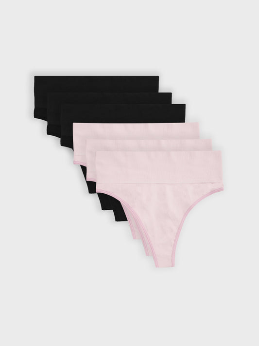 Kit com 6 Calcinhas Fio Dental Redutora Canelado Sem Costura Premium (3 Pretos e 3 Roses)