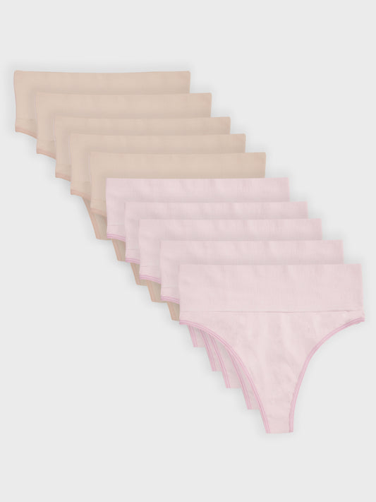 Kit com 10 Calcinhas Fio Dental Redutora Canelado Sem Costura Premium (5 Bege e 5 Rose)