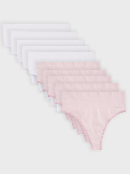 Kit com 10 Calcinhas Fio Dental Redutora Canelado Sem Costura Premium (5 Branco e 5 Rose)