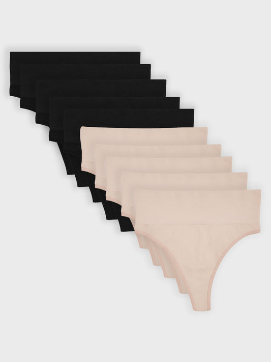 Kit com 10 Calcinhas Fio Dental Redutora Canelado Sem Costura Premium (5 Preto e 5 Bege)