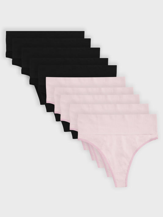 Kit com 10 Calcinhas Fio Dental Redutora Canelado Sem Costura Premium (5 Preto e 5 Rose)